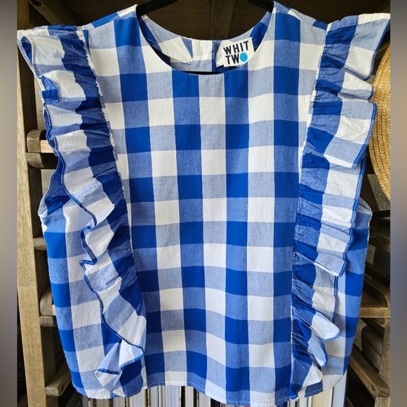 ANTHROPOLOGIE- Whit Two Cascade Ruffled Blouse Sz XL 💙🤍 - Picture 3 of 7